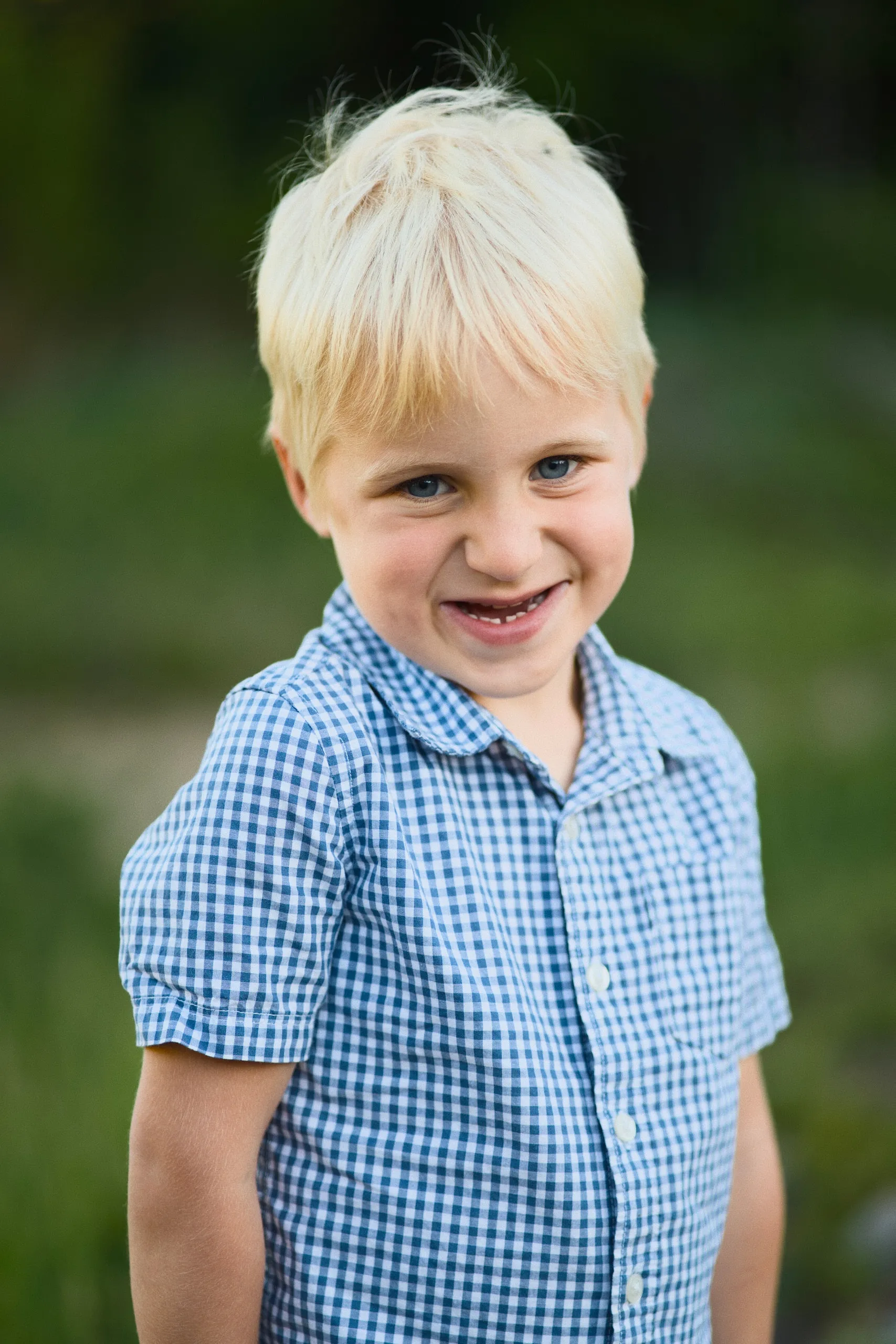 Portrait of a young blond boy in a blue gingham shirt grinning, a soft green field behind him.
